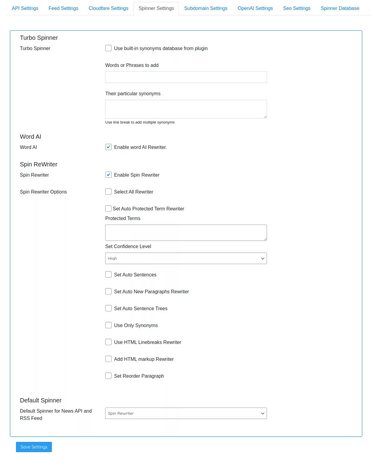 Spinner Settings