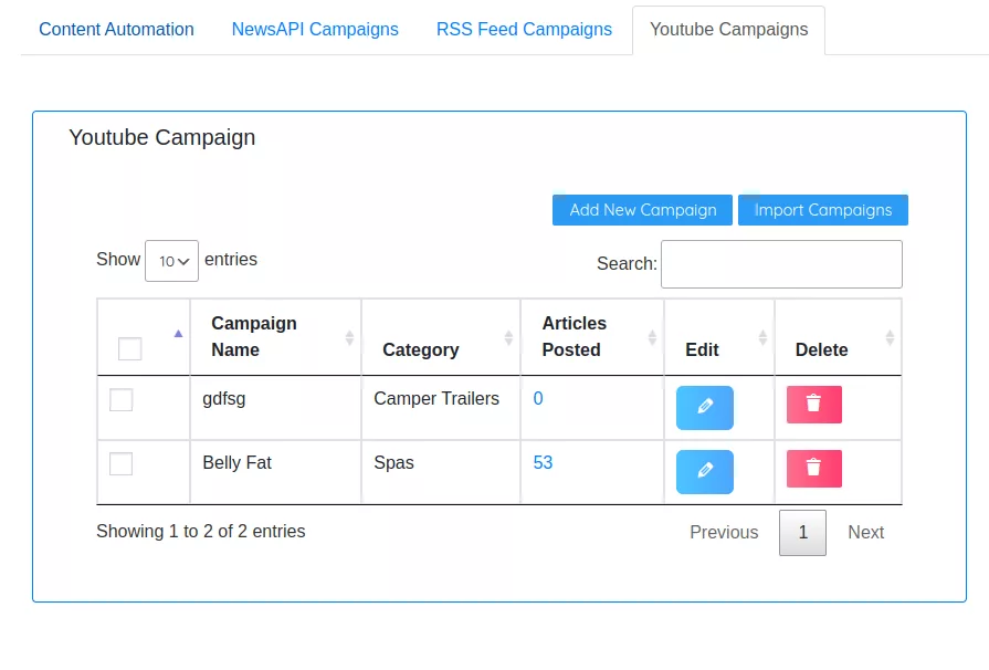 YouTube Campaigns Dash